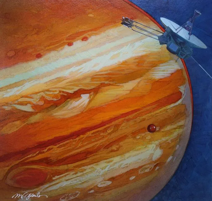 Mark Schuler, First Flyby of Jupiter 1973, Watercolor on Illustration Board