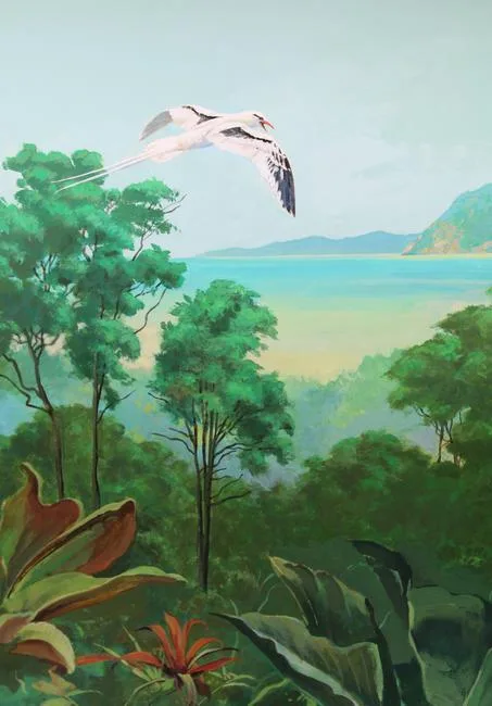 White-tailed Tropical Bird Flying over Rainforest by John Swatsley, Oil on Illustration Board, sold Nov 2020