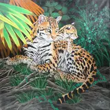 R.G. Finney, Ocelot Mother with Cub Sitting in Grass