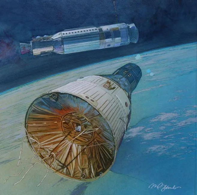 First Docking in Space 1966 by Mark Schuler, Mixed Media on Illustration Board, sold Nov 2020