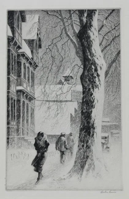 Martin Lewis, Winter on White Street, Drypoint