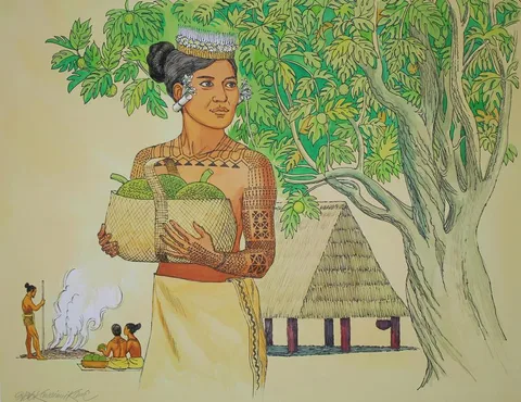 Herb Kawainui Kane, 1800s Life in Marshalls - Breadfruit, Mixed Media on Illustration Board