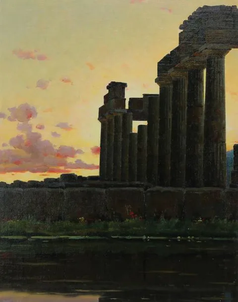 Ivan Akimovich Sushchenko, Grecian Ruins At Sunset, Oil on Masonite