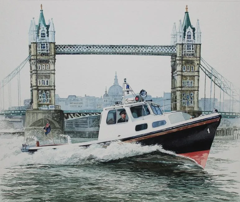 River Police by Brian Sanders, Watercolor on Paper, sold Feb 2021