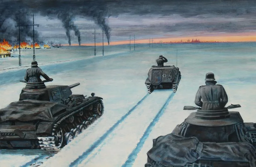 German Tanks Approaching Moscow by David K. Stone, Oil on Masonite, sold Feb 2021