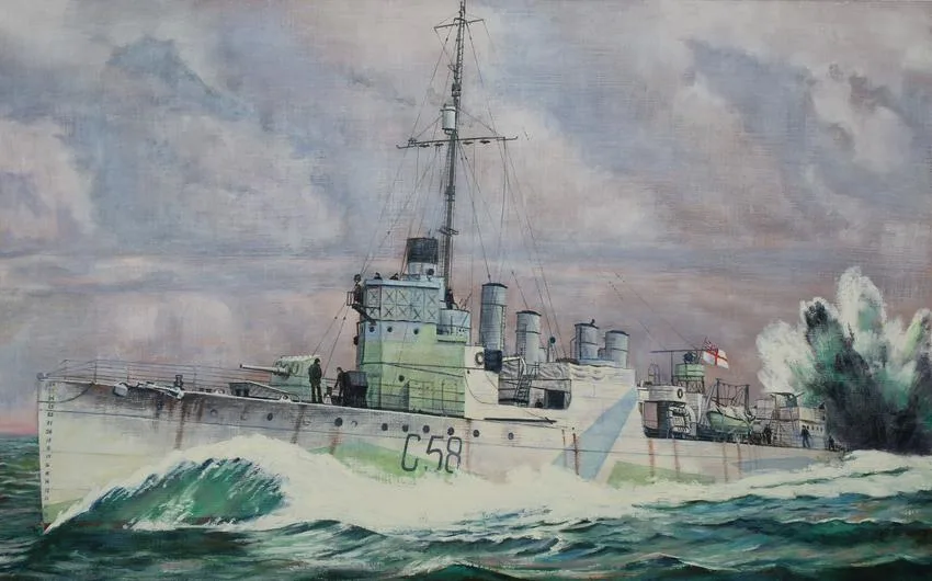 HMS Rockingham by David K. Stone, Oil on Masonite, sold Feb 2021
