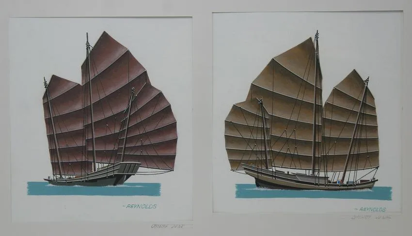 Chinese Junks by Keith Reynolds, Oil on Canvas Board, sold Feb 2021