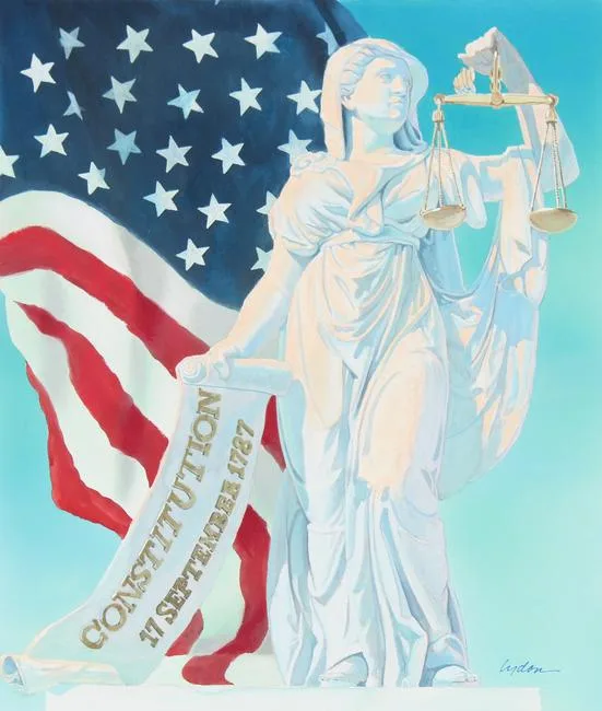 Justice Holding Scales & Scroll by Tom Lydon, Mixed Media on Cold Press Illustration Board, sold Feb 2021