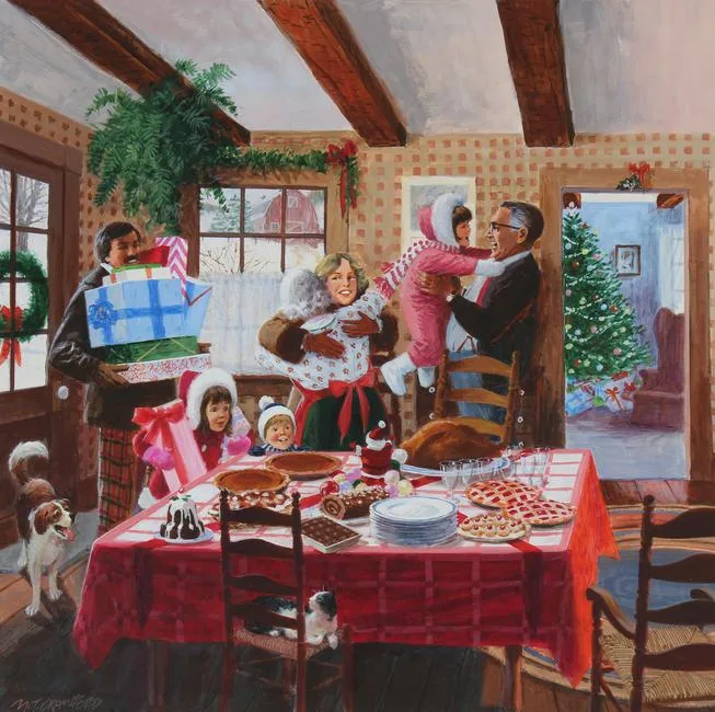 Christmas Dinner by Mel Crawford, Mixed Media on Illustration Board, sold Feb 2021