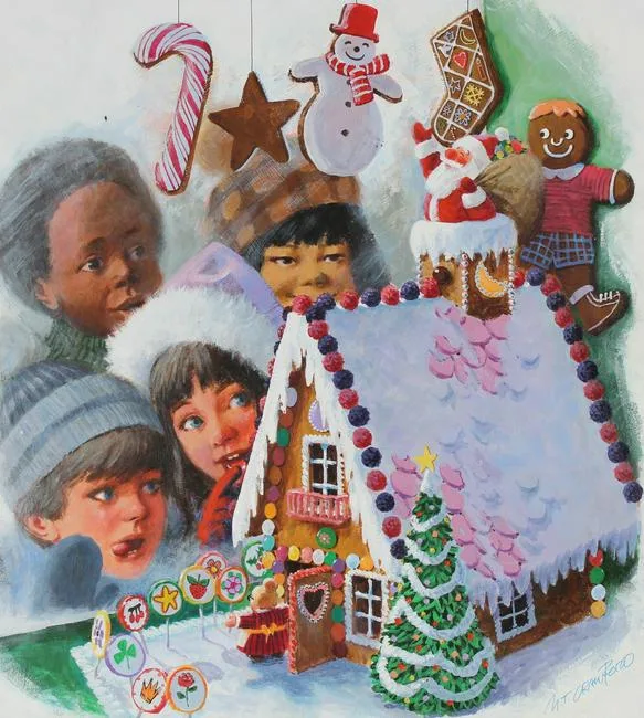 Gingerbread House by Mel Crawford, Mixed Media on Illustration Board, sold Feb 2021