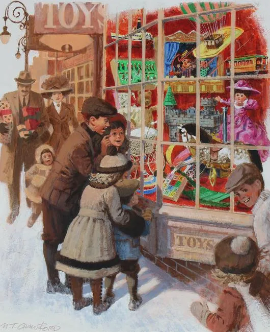 Christmas Shopping by Mel Crawford, Oil on Illustration Board, sold Feb 2021