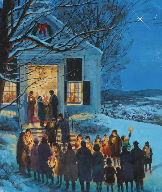 Mel Crawford, Christmas Carolling Outside Church, Oil on Masonite