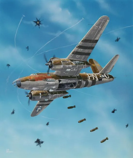 B-26 Marauder by Steve Ferguson, Acrylic on Cold Press Illustration Board, sold Feb 2021