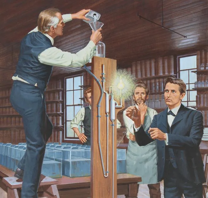 Edison Invents Electric Light by Edward Vebell, Acrylic on Hot Press Illustration Board, sold Apr 2021