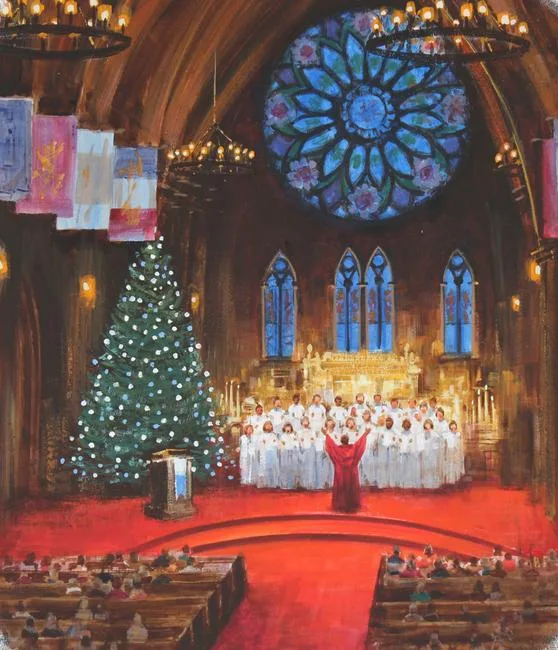 Mel Crawford, Carolling in Cathedral at Christmas, Mixed Media on Illustration Board