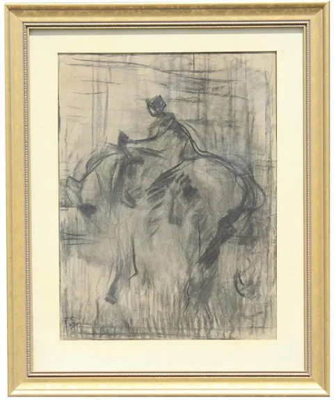 Frans Slager, Work Horses at the Docks of Antwerp, Charcoal on Paper