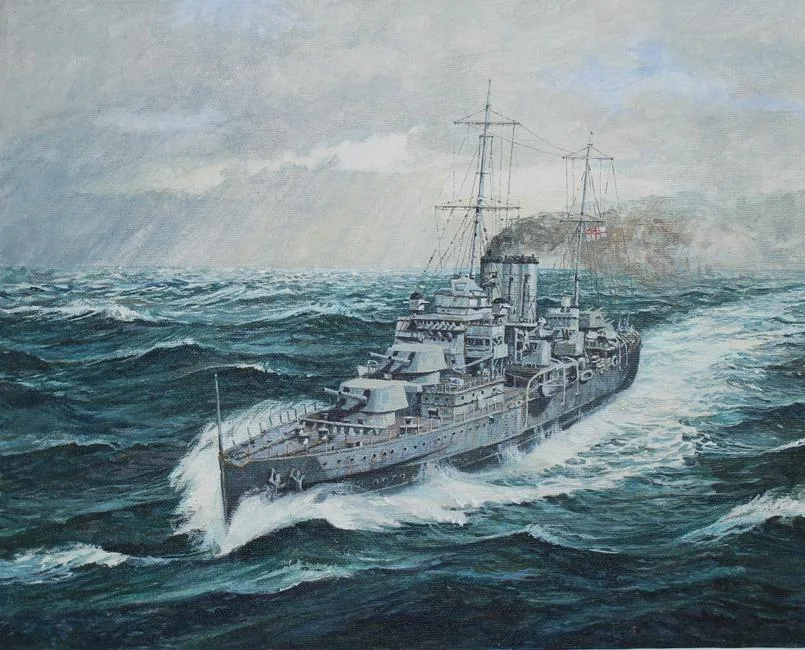HMS Dorsetshire by Brian Sanders, Oil on Masonite, sold Jun 2021