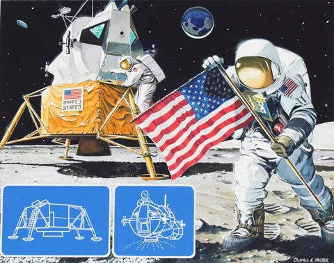 Charles A Knotek, First Man Reaches the Moon, Mixed Media on Illustration Board