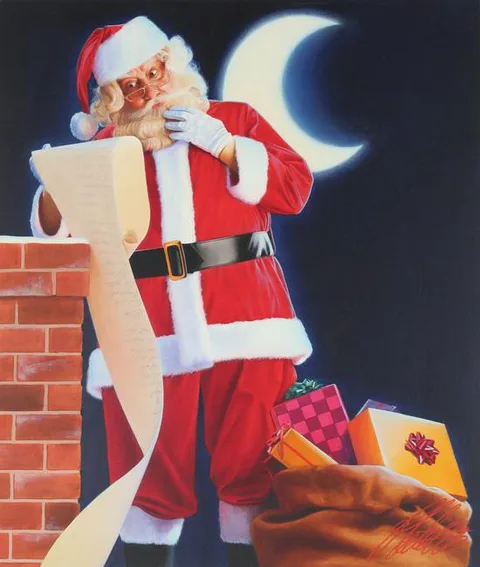 Santa Clause at the Chimney Checking His List by Ed Little, Oil on Canvas Board, sold Jun 2021