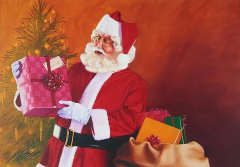 Ed Little, Santa Claus Placing Gifts under Tree, Oil on Canvas Board
