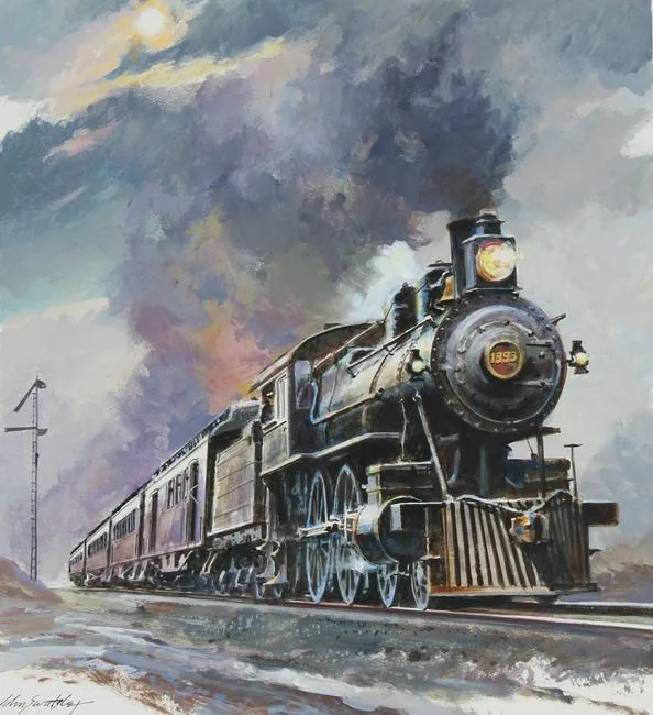 1890s Railway Mail Train by John Swatsley, Oil on Illustration Board, sold Jun 2021