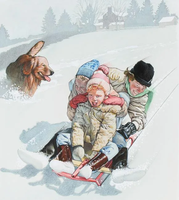 Children Sledding by Jim Butcher, Mixed Media on Illustration Board, sold Jun 2021