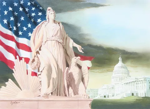 Tom Lydon, America w/Eagle at Her Side & Sun at Her, Mixed Media on Illustration Board