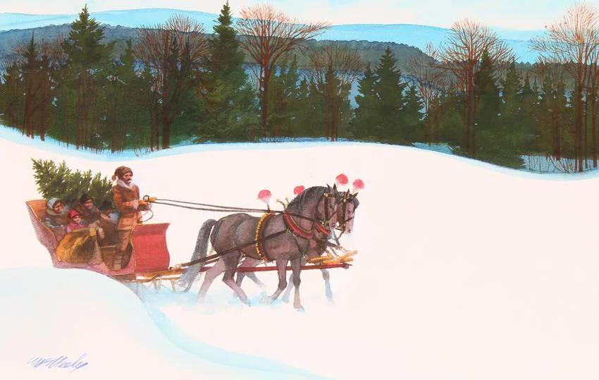 Bringing Home a Christmas Tree in Sleigh by Tom McNeely, Watercolor on Paper, sold Jun 2021