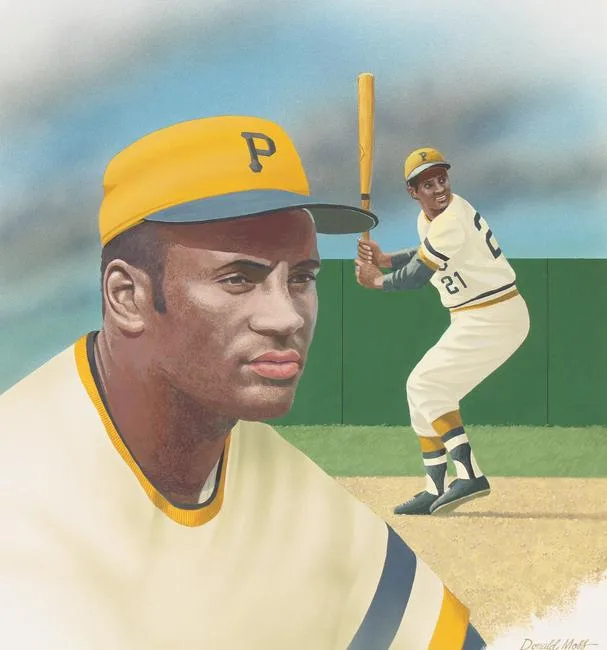 Roberto Clemente by Donald Moss, Oil on Illustration Board, sold Jun 2021