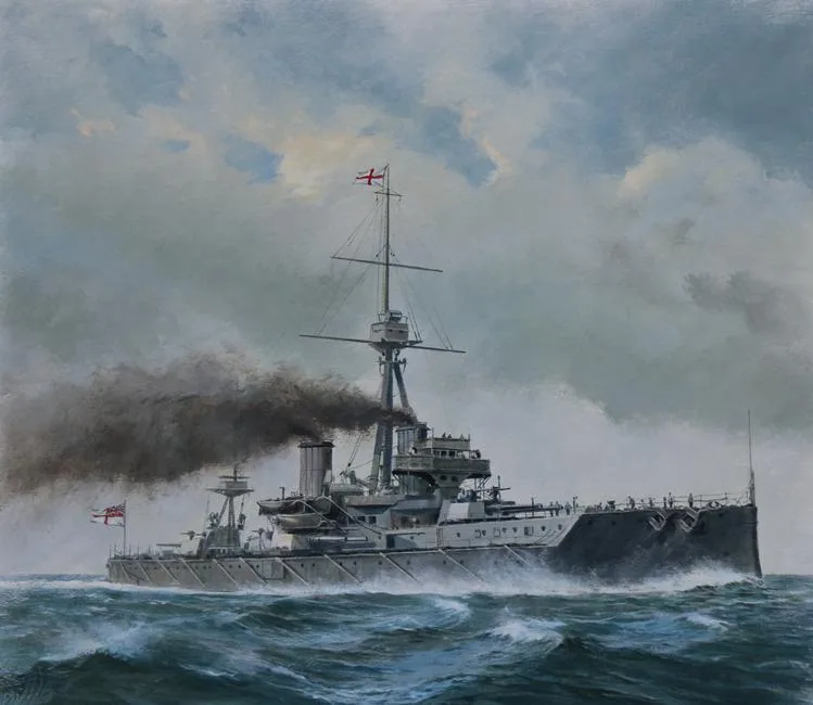 H.M.S. Dreadnought by Charles Lundgren, Oil on Masonite, sold Aug 2021