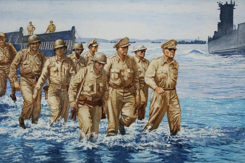 MacArthur Returns to the Philippines by David K. Stone, Oil on Masonite, sold Aug 2021