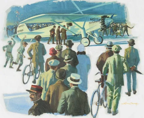Douglas Jones, Lindberg Lands in Paris, Oil on Canvas