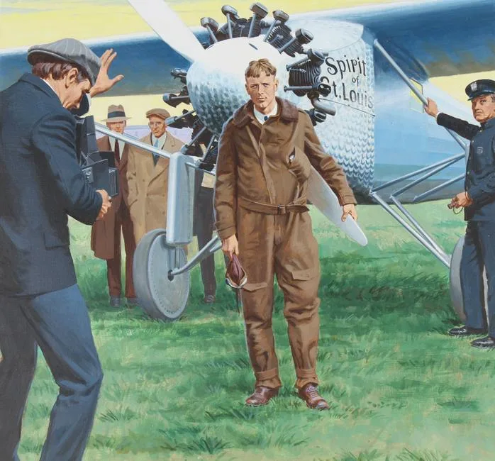 Lindbergh Flight Across Atlantic by Edward Vebell, Acrylic on Masonite, sold Aug 2021
