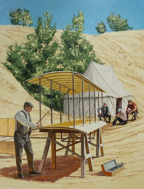 Harry Schaare, Octave Chanute Working on Glider, Oil on Masonite
