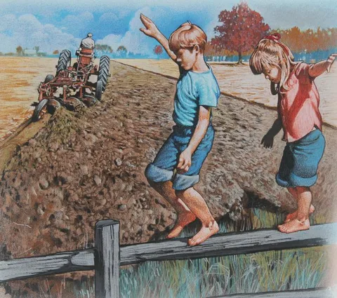 Jim Butcher, Farm Children on Fence, Mixed Media on Illustration Board
