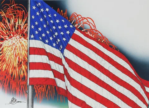 John Benson, U.S. Flag with Fireworks, Mixed Media on Paper