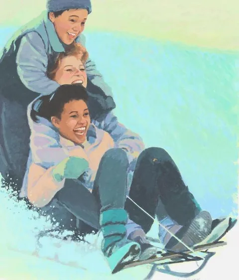 Lois Hatcher, Children Sledding, Watercolor on Illustration Board