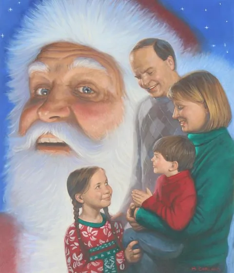 Michael Garland, Christmas Family Scene with Santa, oil on Illustration Board