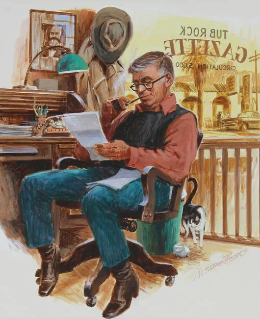 Small Town Editor by Mel Crawford, Oil on Illustration Board, sold Aug 2021