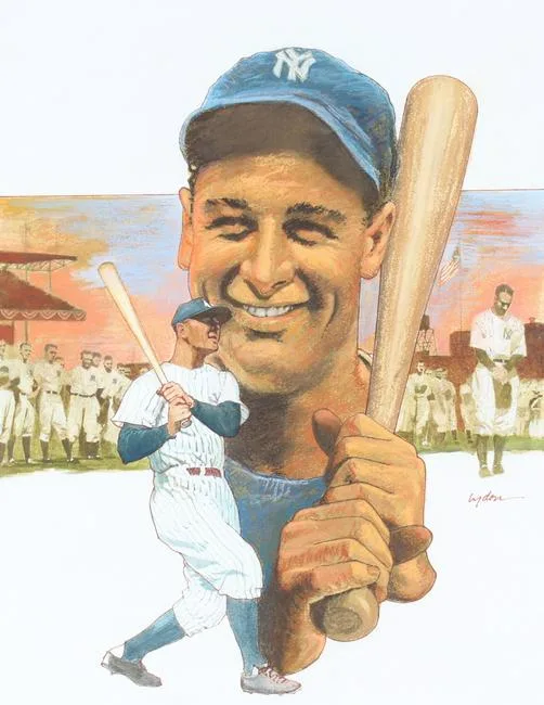 Lou Gehrig by Tom Lydon, Mixed Media on Construction Paper, sold Aug 2021