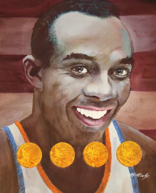 Jesse Owens by Tom McNeely, Mixed Media on Paper, sold Aug 2021