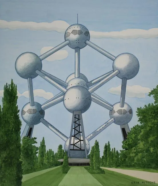 Erik Nitsche, The Atomium in Belgium, watercolor/ink on Illustration Board