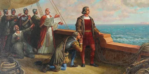 Columbus in Sight of Land by Gherman Alexeyvich Komlev, Oil on Masonite, sold Sep 2021