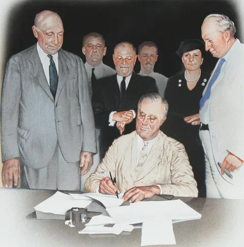 Jim Butcher, Franklin Roosevelt Signing Social Security Act, Mixed Media on Illustration Board
