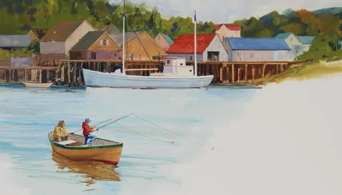 Skip Whitcomb, Fishing from a Boat, Watercolor on Illustration Board