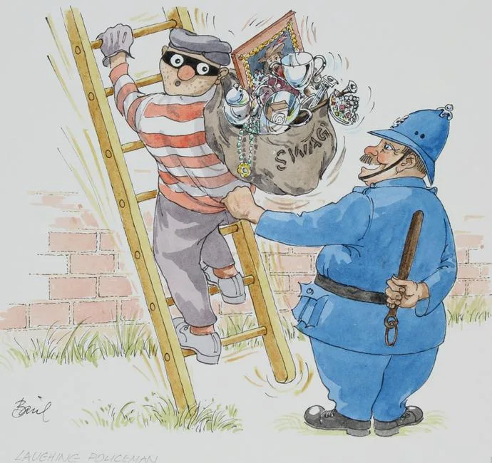 The Laughing Policeman by Basil Smith, Mixed Media/Watercolor on Hot Press Illustration Board, offered Sep 2021