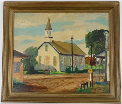 Morley Hicks, Oconto, WI Church, Oil on Board