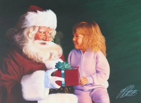 1990 Christmas/Contemporary - Santa with Child by Ed Little, Oil on Illustration Board, sold Nov 2021