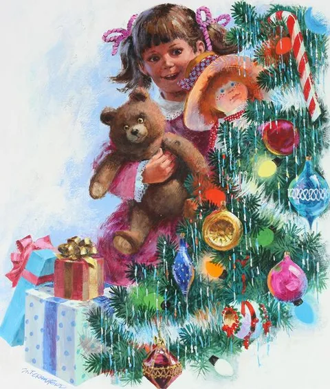 Mel Crawford, Girl with Teddy Bear at Christmas, Oil on Masonite