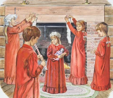 Charles J. Berger, Children Hanging Christmas Stockings, Acrylic on Illustration Board